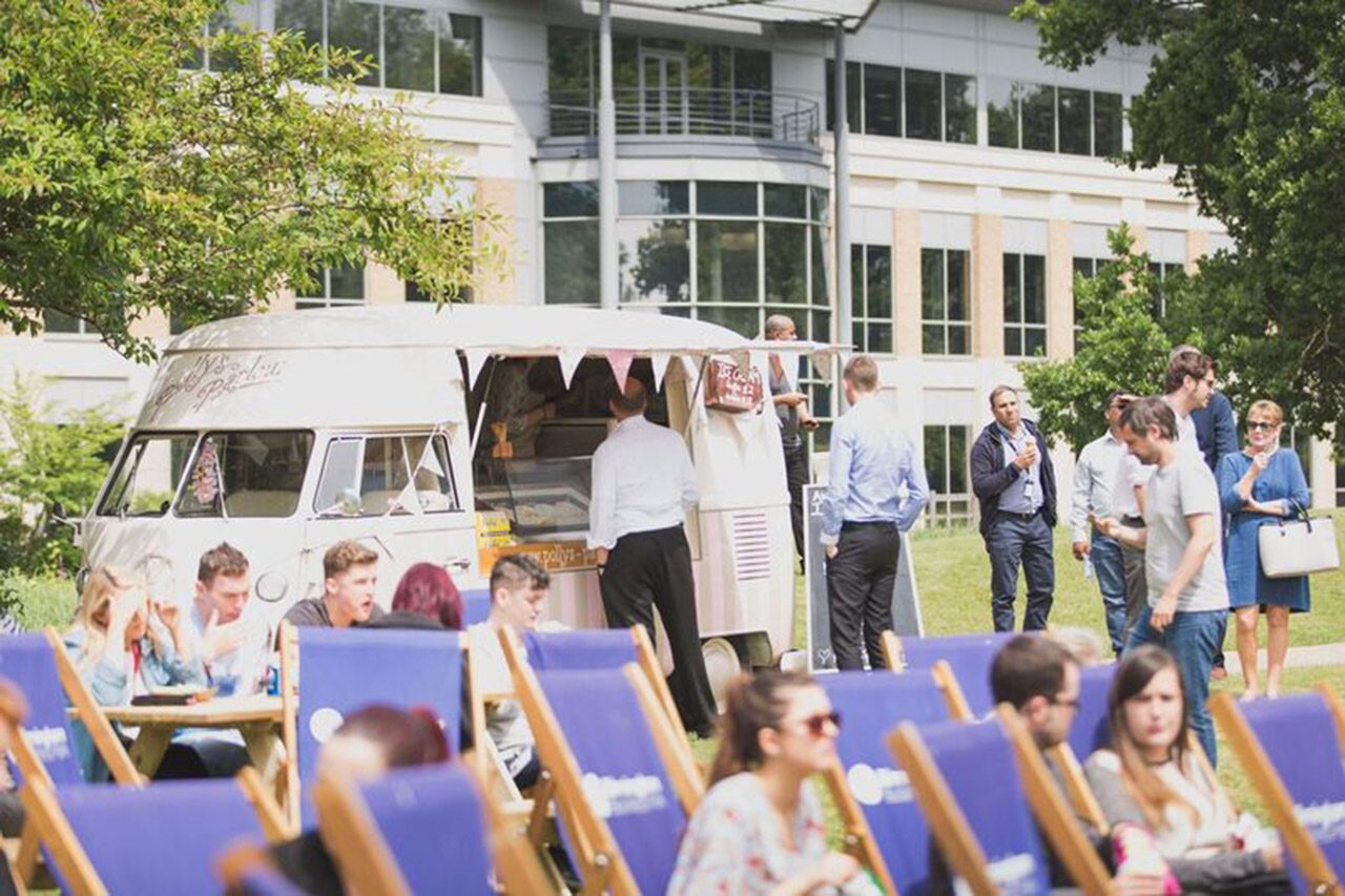 Employees enjoying outdoor lunches at Birmingham Business Park