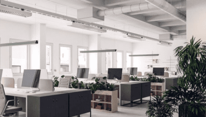 inside ventilated office with desks and plants